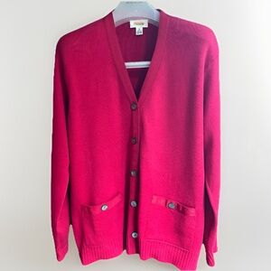 Talbots Knit Red Grosgrain Trim Cardigan Sweater Pearl Button Front LongSleeve M